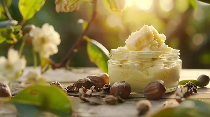 Raw shea butter with shea nuts and leaves